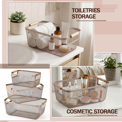 Mumufy 3 Pcs Metal Mesh Basket with Wooden Handles Wire Steel Organizer Bins Pantry Organizers Kitchen Baskets for Closet Cabinet Bathroom Fridge Food Snacks Organization (Warm Tapue,3 Sizes)