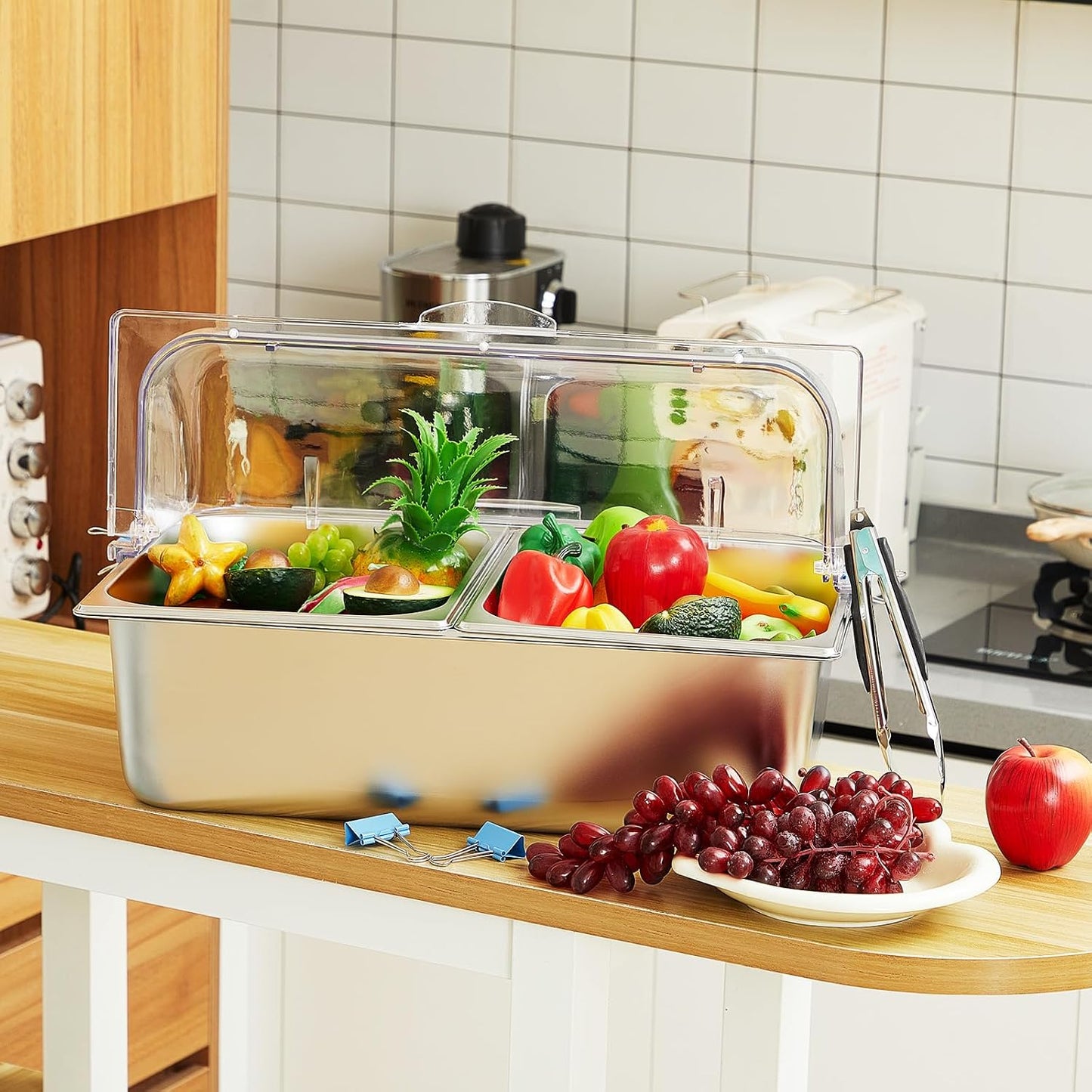 Condiment Tray Stainless Steel Serving Display Set with Lid for Buffet Restaurant Kitchen, Food Chilled Container for Salad Fruit Condiments, Keeps Food Fresh with Ice Box(6 Compartments)