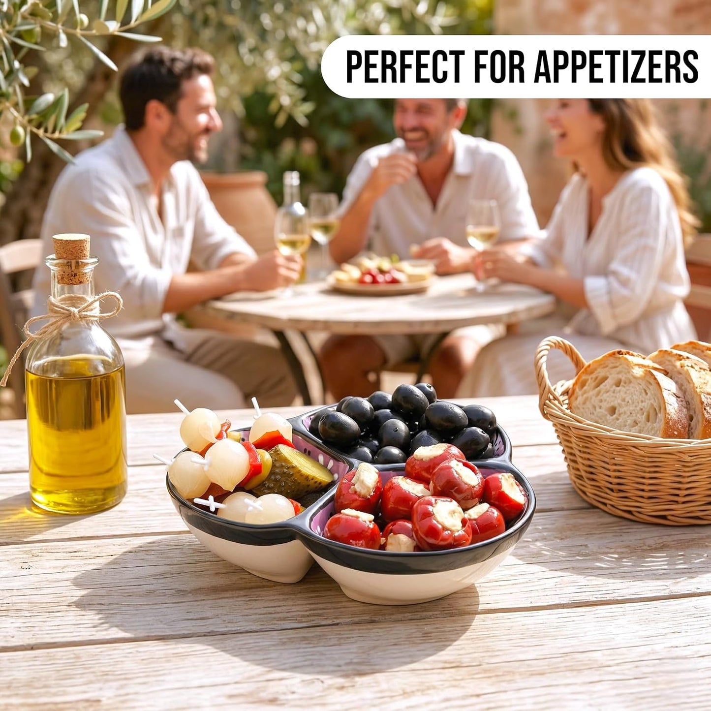 Ceramic Chip & Dip Bowl 7.5”, 3-Compartment Divided Serving Dish & Condiment Tray for Appetizers – Handmade in Spain, Lead-Free Glaze, Microwave, Oven & Dishwasher Safe