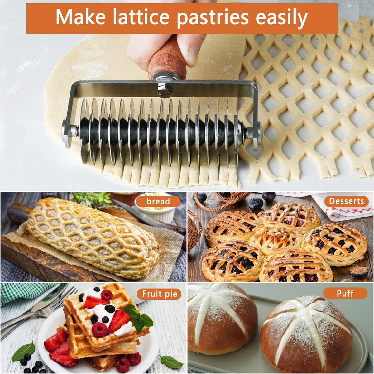 Stainless Steel Dough Lattice Top Cookie Pie Pizza Bread Pastry Crust Roller Cutter Holder Wooden Handle, Lattice Dough Cutter for Fishnet Crust