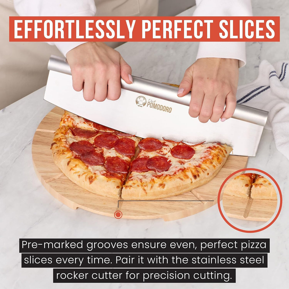 Chef Pomodoro Stainless 14 inch Pizza Cutting Board, Pizza Cutter Combo Set