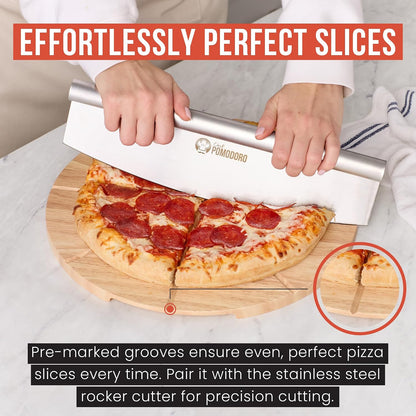 Chef Pomodoro Stainless 14 inch Pizza Cutting Board, Pizza Cutter Combo Set
