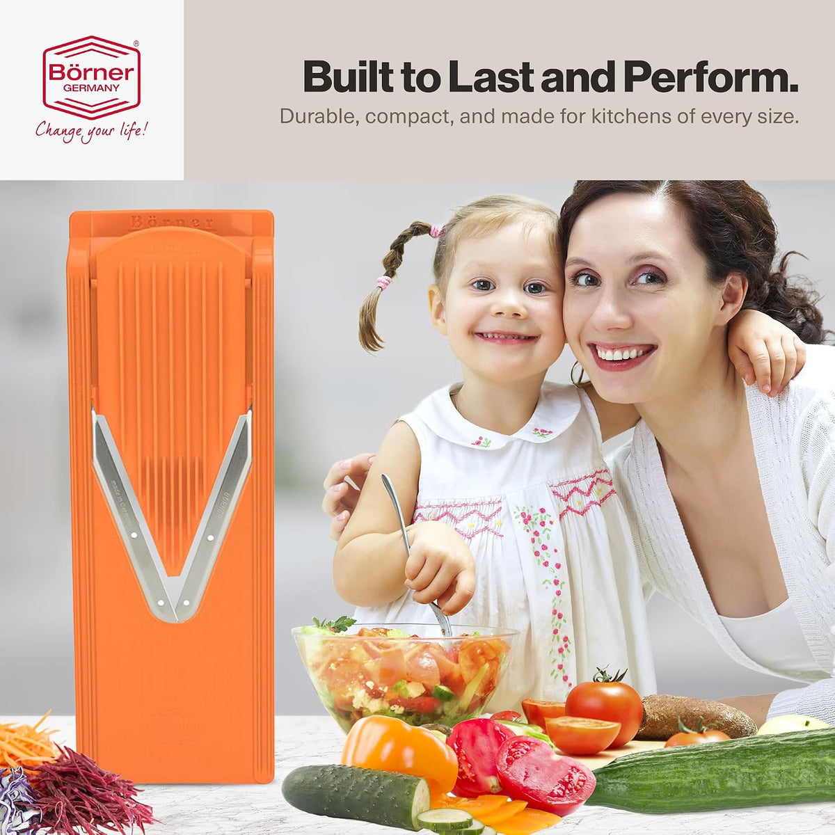 Swissmar Borner V-Slicer Plus Mandoline 5-Piece Set – Professional Kitchen Utensil with Adjustable Inserts – Cuts Potatoes, Cucumbers, Chips & More – Vegetable Slicer with Safety Holder - Orange