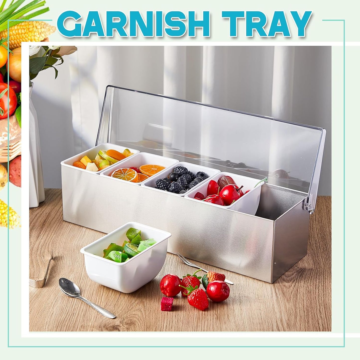 Mifoci 1 Pack Stainless Steel Chilled Condiment Server 6 Removable Slot Toppings Containers with Lid and Bottom Ice Bar Garnish Tray with 9 Silverwares 4 Ice Boxes for Christmas Party, Events and Bar