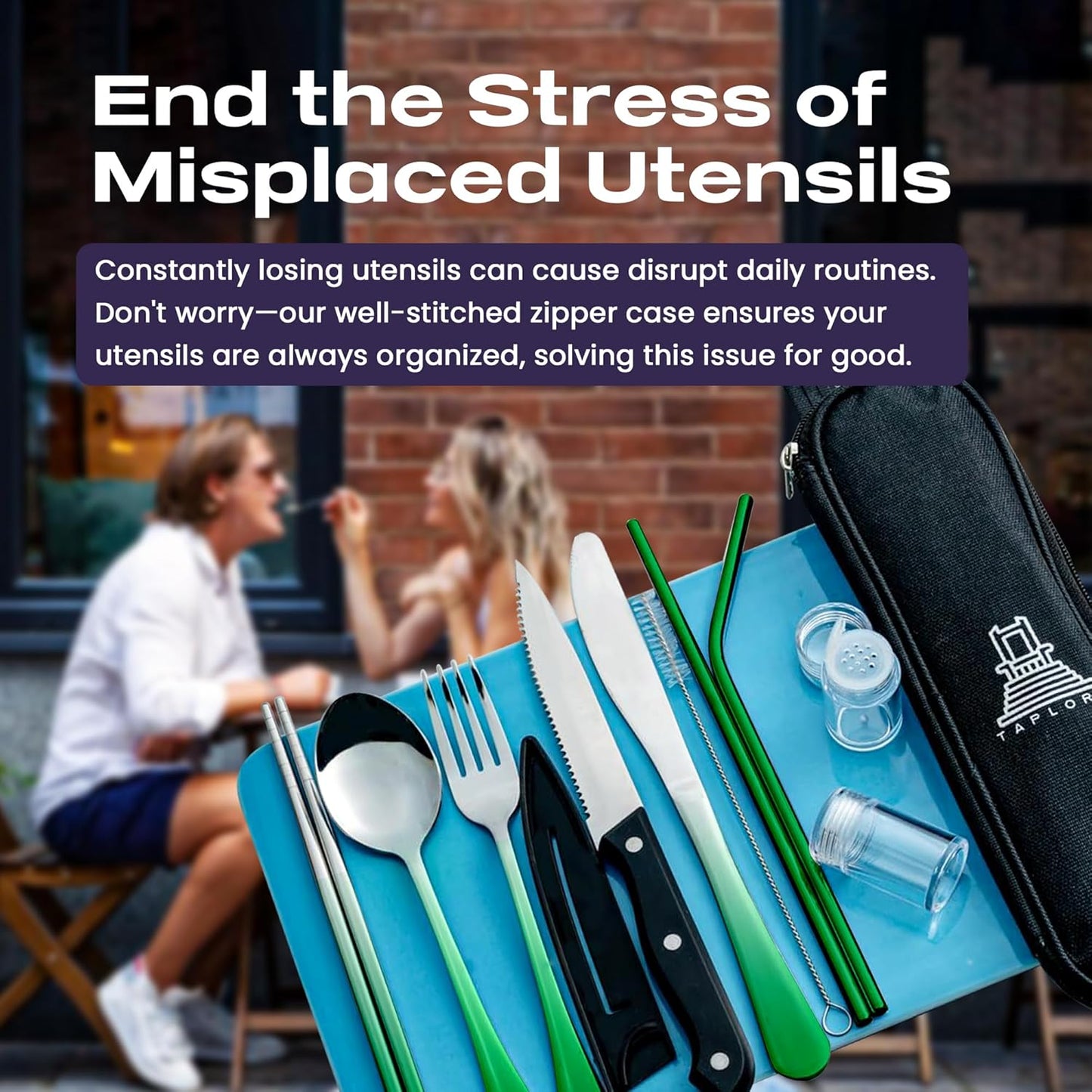 Taplord Portable Travel Silverware Set With Case, Includes 10 Pcs of Travel Utensils With Case, Stainless Steel Flatware Set For Camping, Lightweight (Multi-Color)