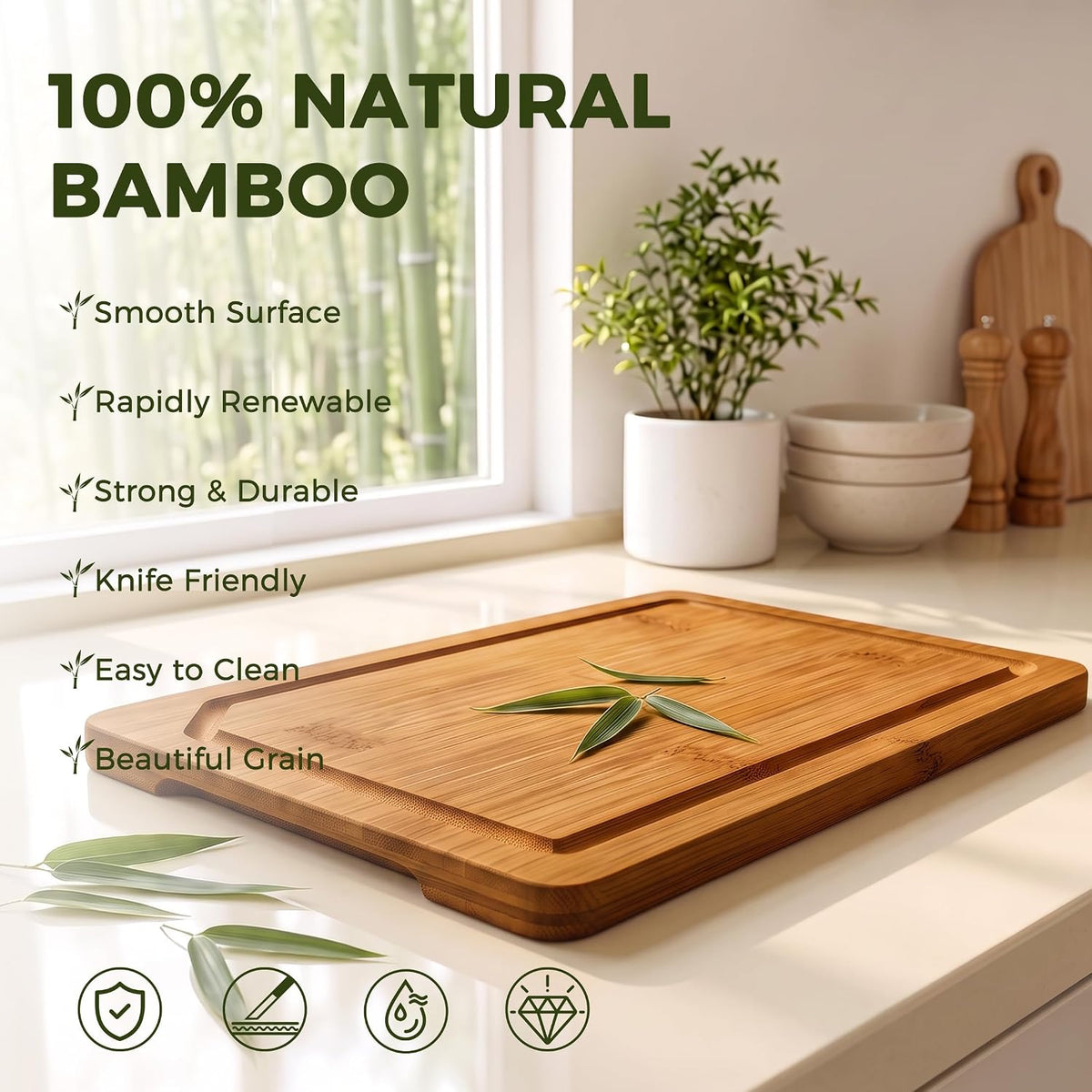 Kikcoin 17"×11" Bamboo Cutting Boards for Kitchen, Knife-Friendly Food Grade Wooden Cutting Boards for Kitchen, Charcuterie, Extra Large Chopping Boards with Deep Juice Groove, Reversible, Natural