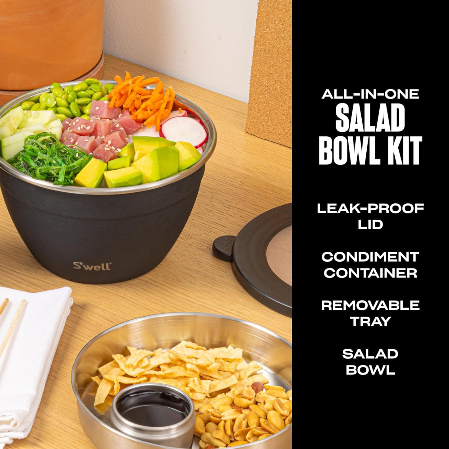 S'well Stainless Steel Salad Bowl Kit 64oz, Peacock Blue, Comes with 2oz Mini Canister and Removable Tray for Organization, Leakproof, Easy to Clean, Dishwasher Safe