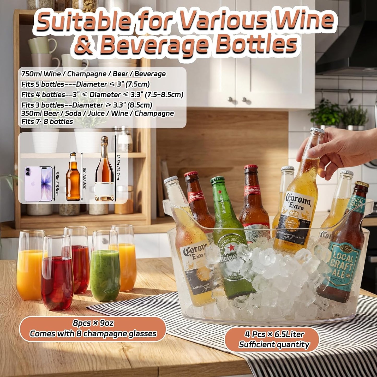 4 Pack 6.5L Clear Ice Buckets for Parties, Large Plastic Beverage Tub Set with Scoops, Champagne Flutes & Wine Opener, Portable Drink Cooler Champagne Bucket for Beer & Mimosa Bar Supplies