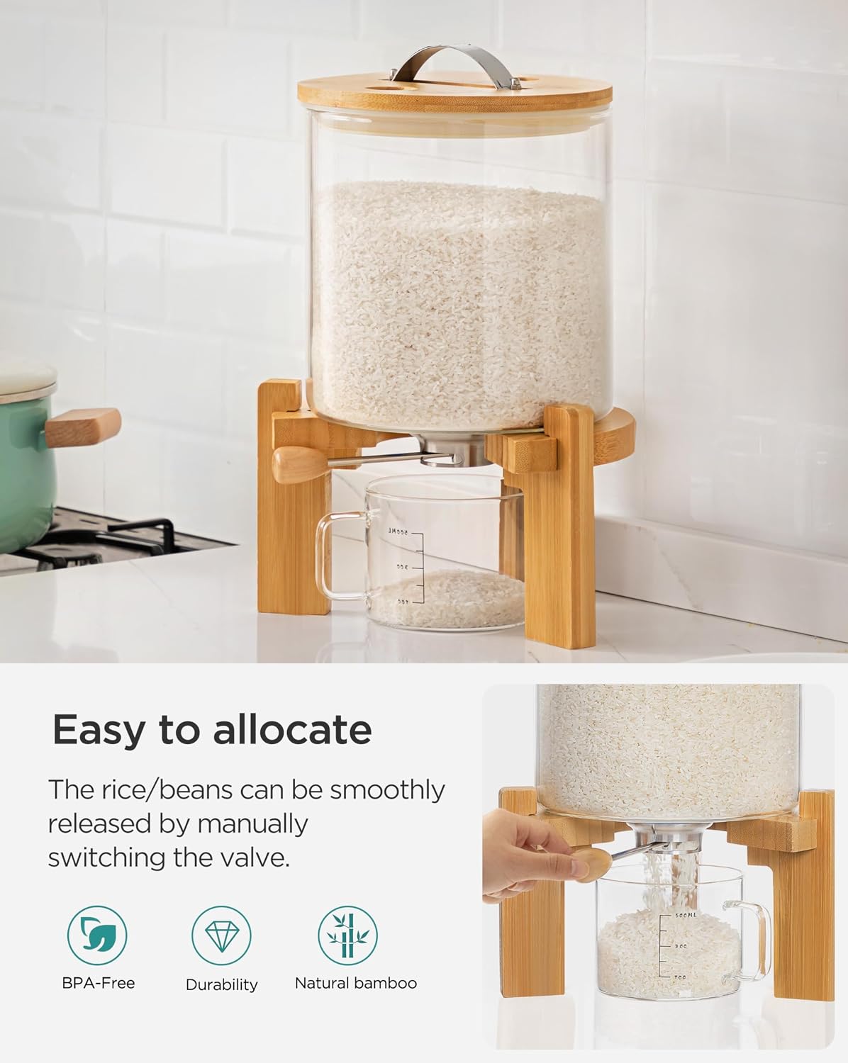 HBlife 5-7 Lbs Glass Rice Dispenser with Wooden Stand Flour and Cereal Container with Glass Measuring Cup Pantry Food Organization Storage Bin with Airtight Bamboo Lid, 3L
