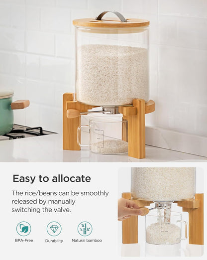 HBlife 5-7 Lbs Glass Rice Dispenser with Wooden Stand Flour and Cereal Container with Glass Measuring Cup Pantry Food Organization Storage Bin with Airtight Bamboo Lid, 3L