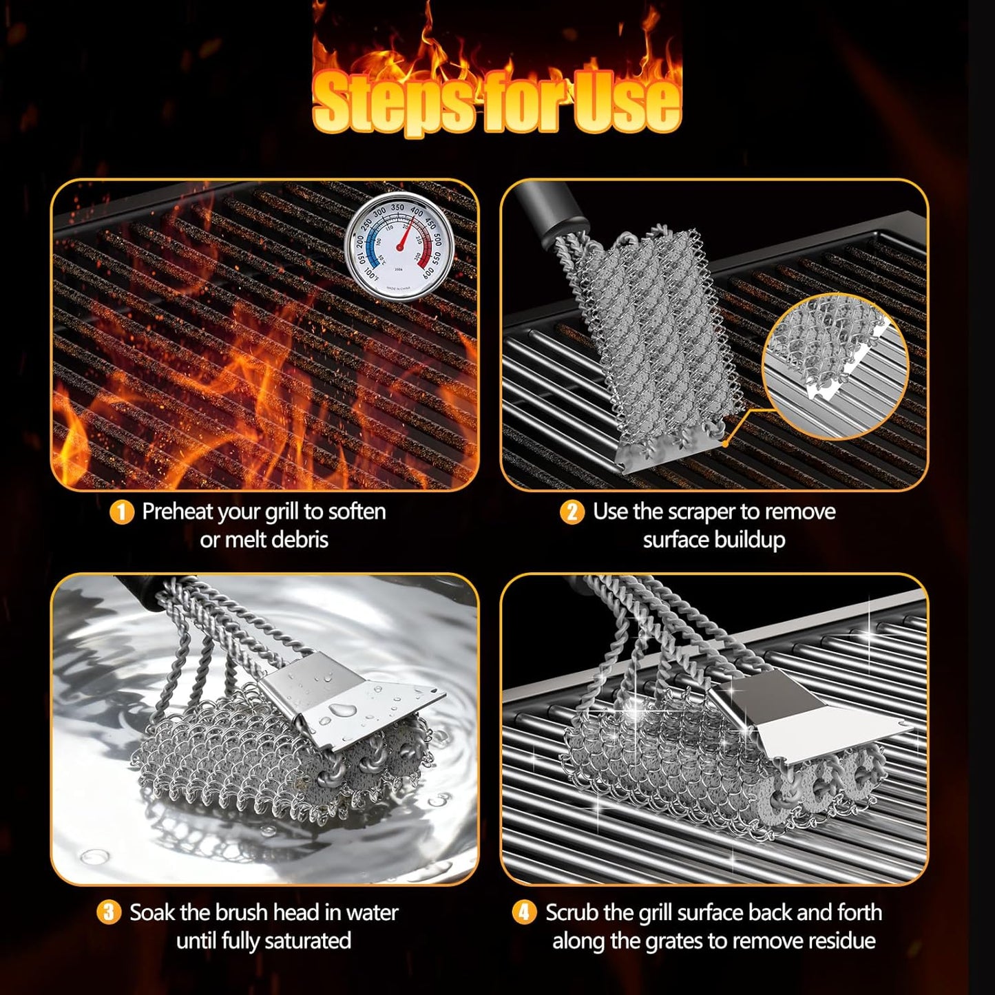 HOUSE AGAIN Grill Brush and Scraper Bristle Free, 304 Stainless Steel Brush Head Non Metal Bristles, Safe Steam Outdoor Grill Cleaning BBQ Grill Accessories for Smoker/Porcelain/Weber Gas/Charcoal