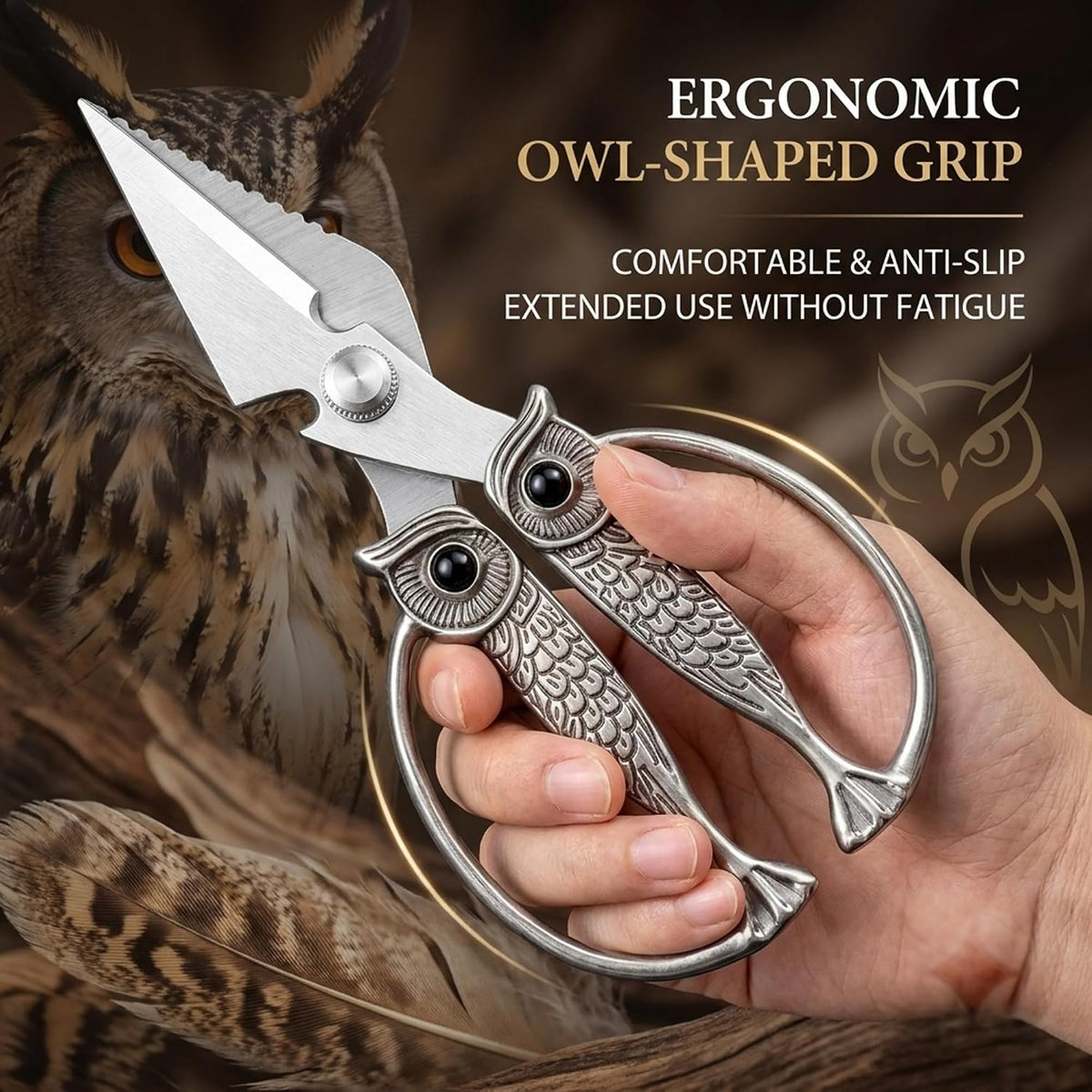 XSNBRD All Purpose Kitchen Scissors, Pearl Gold Stainless Owl Shears.