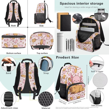 Cute Capybara Pizza Backpack for Girls, 5 Pcs Boys School Bag Set for Kids, 17 Inch Backpacks Lunch Pencil Box Reusable Utensils Case Set for Middle Elementary School, 3rd Grade Backpack