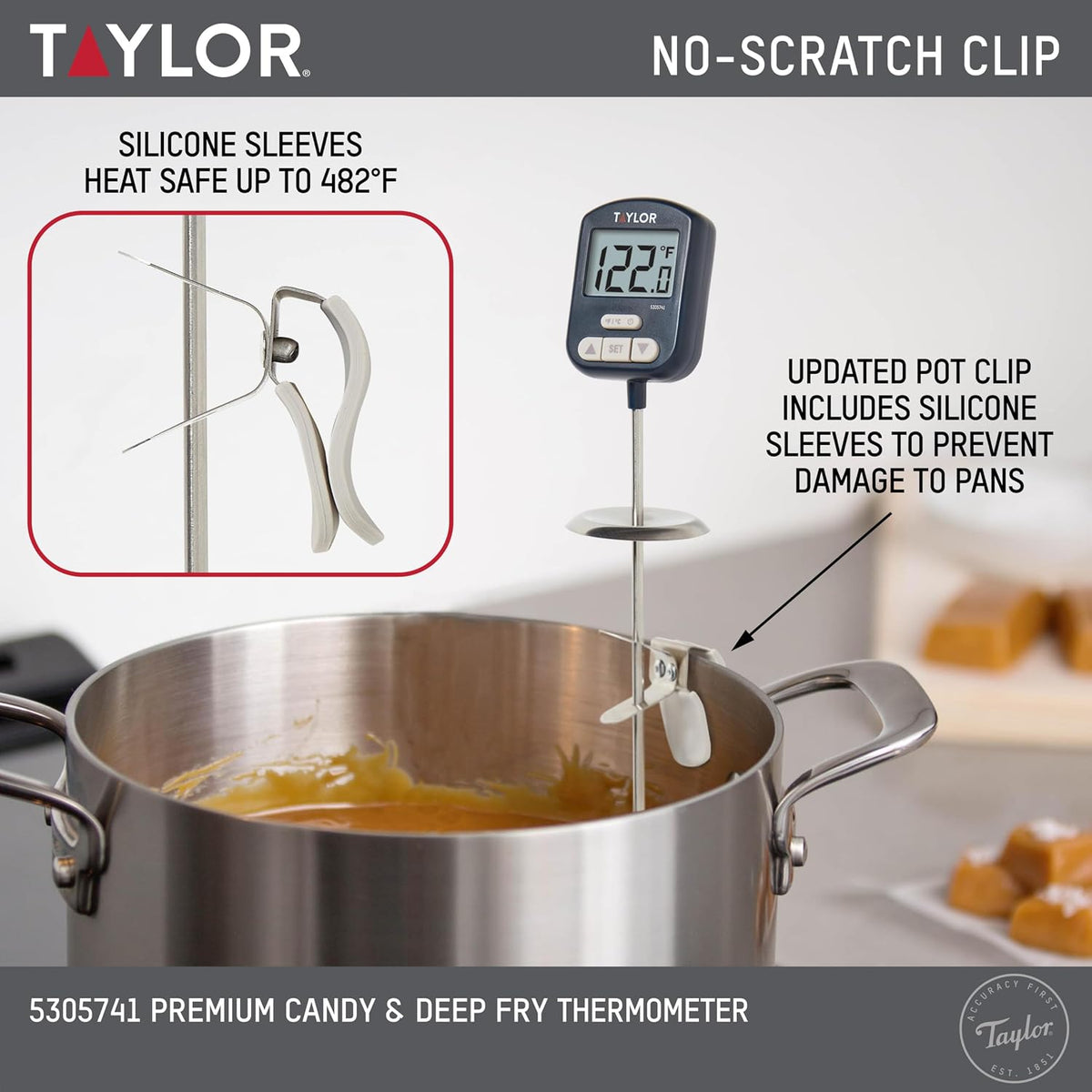 Taylor Programmable Digital Candy and Deep Fry Thermometer with Green Light Alert Display, Long Stem, and Adjustable Pan Clip, White