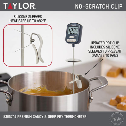 Taylor Programmable Digital Candy and Deep Fry Thermometer with Green Light Alert Display, Long Stem, and Adjustable Pan Clip, White