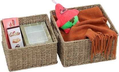 HOONEX Water Hyacinth Storage Baskets, Wicker Baskets for Storage, Hand Woven Baskets with Carry Handles, Set of 2, Natural