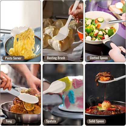 E-far 14 Pieces Silicone Cooking Utensils Set, Kitchen Utensils Set with Holder, Spatula, Ladle, Spoon, Tong, Slotted Turner for Nonstick Cookware, Heat Resistant & Stainless Steel Handle, Black