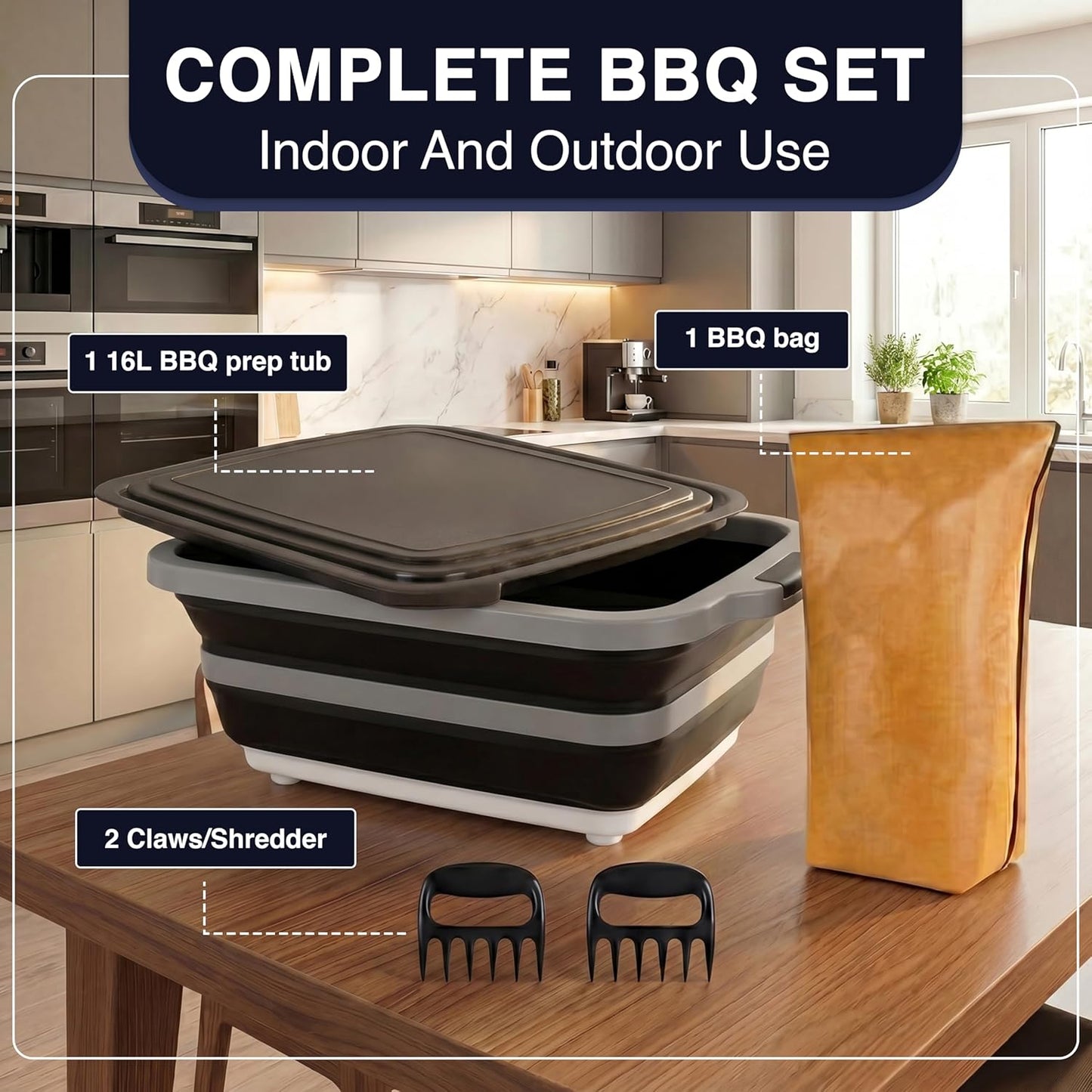 BBQ Prep Tub 16L, Collapsible Cutting Board with Meat Rest Blanket and Chicken Claws, Perfect Meat Prep Tub for Marinating, Shredding, and Grilling, All in One BBQ Accessories for Outing & Picnic