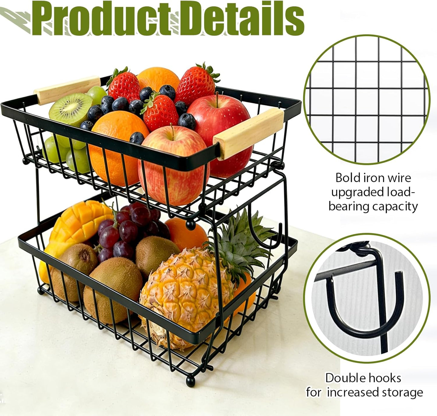 2 Tier Fruit Basket for Kitchen Counter, Large Fruit Holder with 2 Banana Hooks, Detachable Metal Fruit Stand with Wooden Handle, Kitchen Storage Cart,Vegetable Basket, Snack Rack