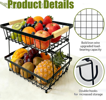 2 Tier Fruit Basket for Kitchen Counter, Large Fruit Holder with 2 Banana Hooks, Detachable Metal Fruit Stand with Wooden Handle, Kitchen Storage Cart,Vegetable Basket, Snack Rack