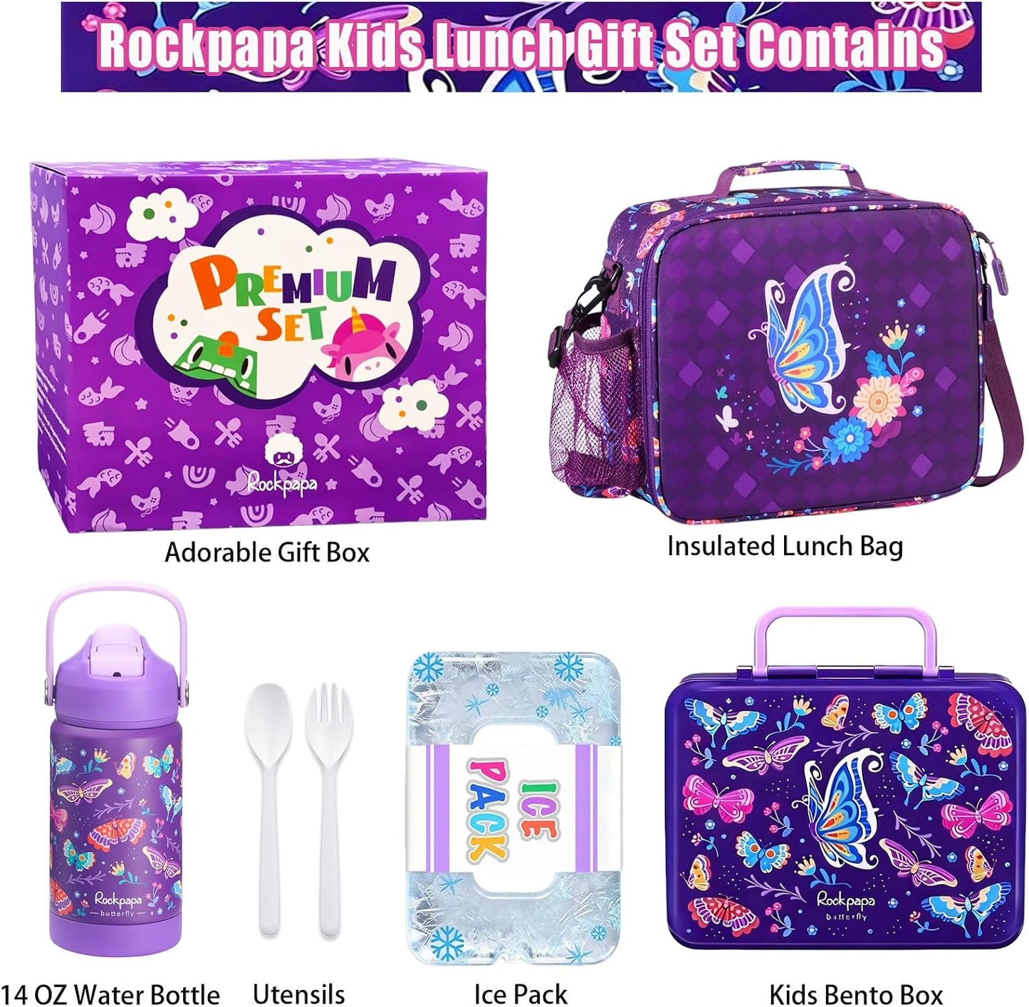 rockpapa Chill Kids Lunch Box Set with Leakproof 5.5 Cups Bento Box, Reusable Ice Pack, 14oz Insulated Water Bottle & Lunch Bag, BPA-Free Microwave Safe for School Boys Girls (Black Games)