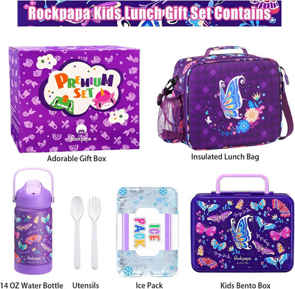 rockpapa Chill Kids Lunch Box Set with Leakproof 5.5 Cups Bento Box, Reusable Ice Pack, 14oz Insulated Water Bottle & Lunch Bag, BPA-Free Microwave Safe for School Boys Girls (Black Games)