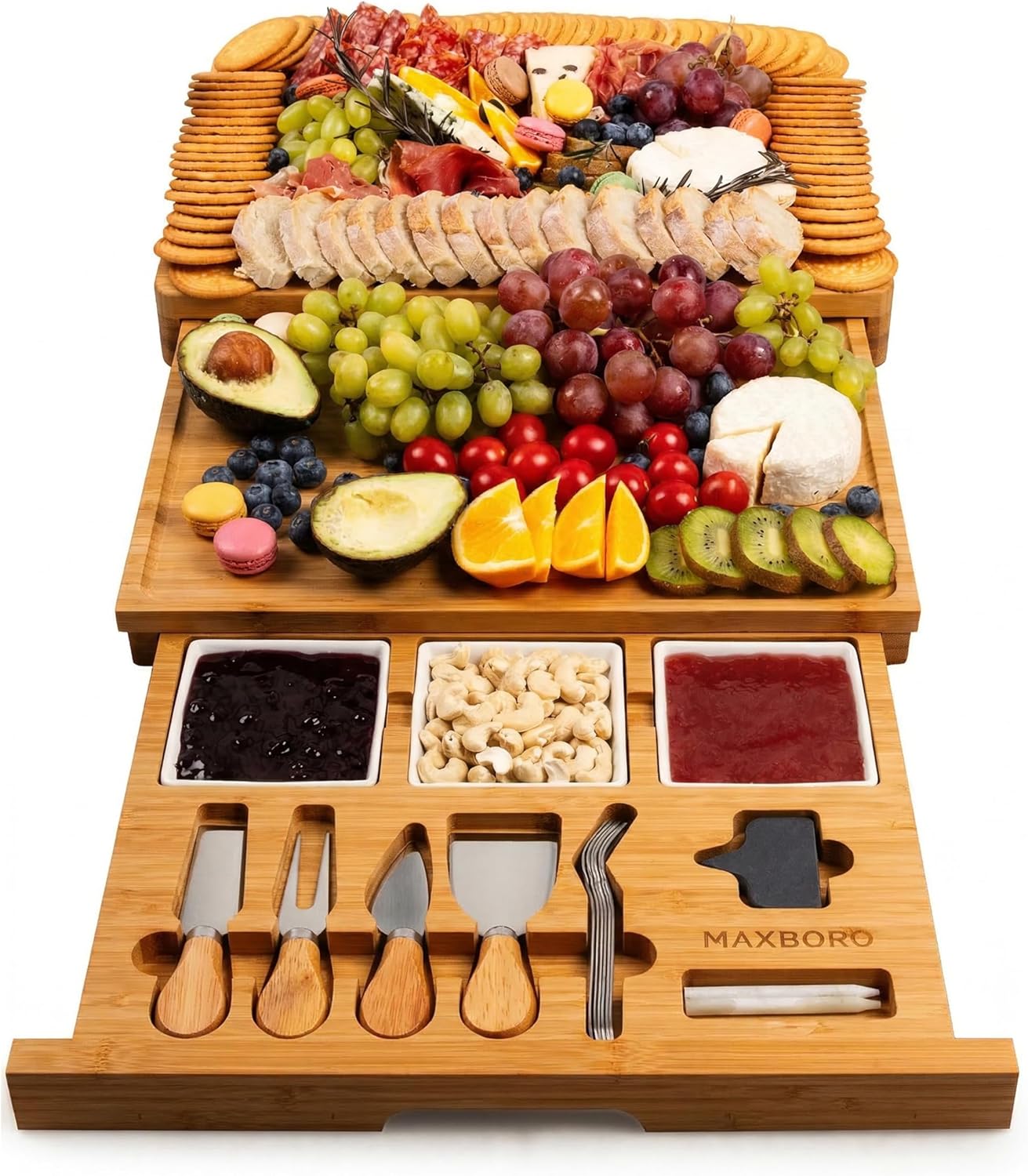 Extra Large 33.7x15.7 inch Charcuterie Boards Gift Set, 100% Bamboo Cheese Board and Knife Set, Cool Meat Cheese Platter Tray, House Warming Gifts New Home, Ideas for Women Mom