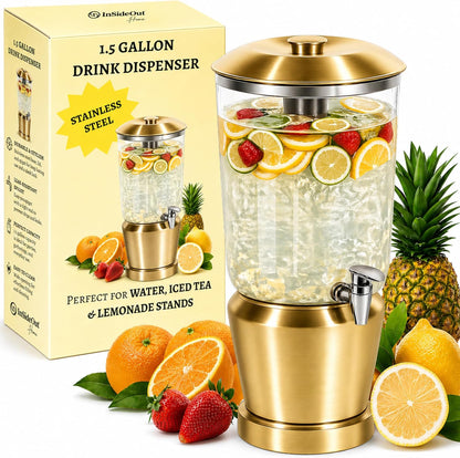 Drink Dispenser with Ice Chambers, Lemonade Tea Water Dispenser with Spigot, Stainless Steel Beverage Jar Jug, Perfect for Home Parties, Weddings, Gifts & Events (Gold, 3, Gallons)