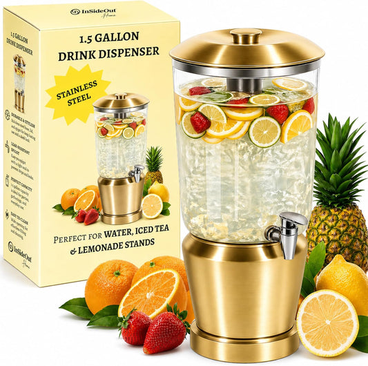 Drink Dispenser with Ice Chambers, Lemonade Tea Water Dispenser with Spigot, Stainless Steel Beverage Jar Jug, Perfect for Home Parties, Weddings, Gifts & Events (Gold, 3, Gallons)