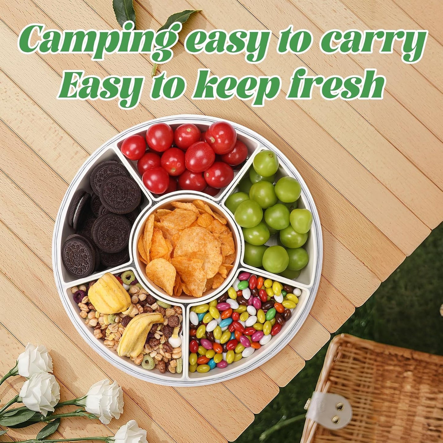 Snackle Box Container Divided Serving Tray with Lid, Handle, Spoon and Fork - Kitchen Portable Spinning Round Stackable Container with 6-Compartment for Veggies, Fruit, Candy, Party, Nuts, Essentials