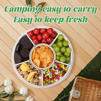 Snackle Box Container Divided Serving Tray with Lid, Handle, Spoon and Fork - Kitchen Portable Spinning Round Stackable Container with 6-Compartment for Veggies, Fruit, Candy, Party, Nuts, Essentials