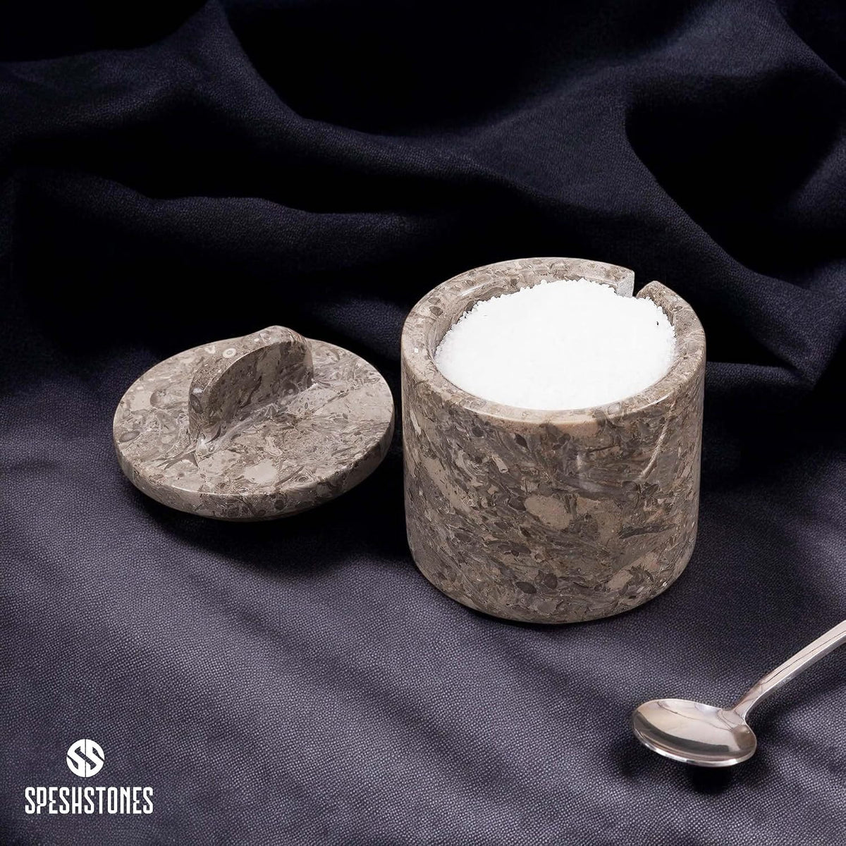Marble Salt Cellar with Lid & Spoon 4 Inch, Green