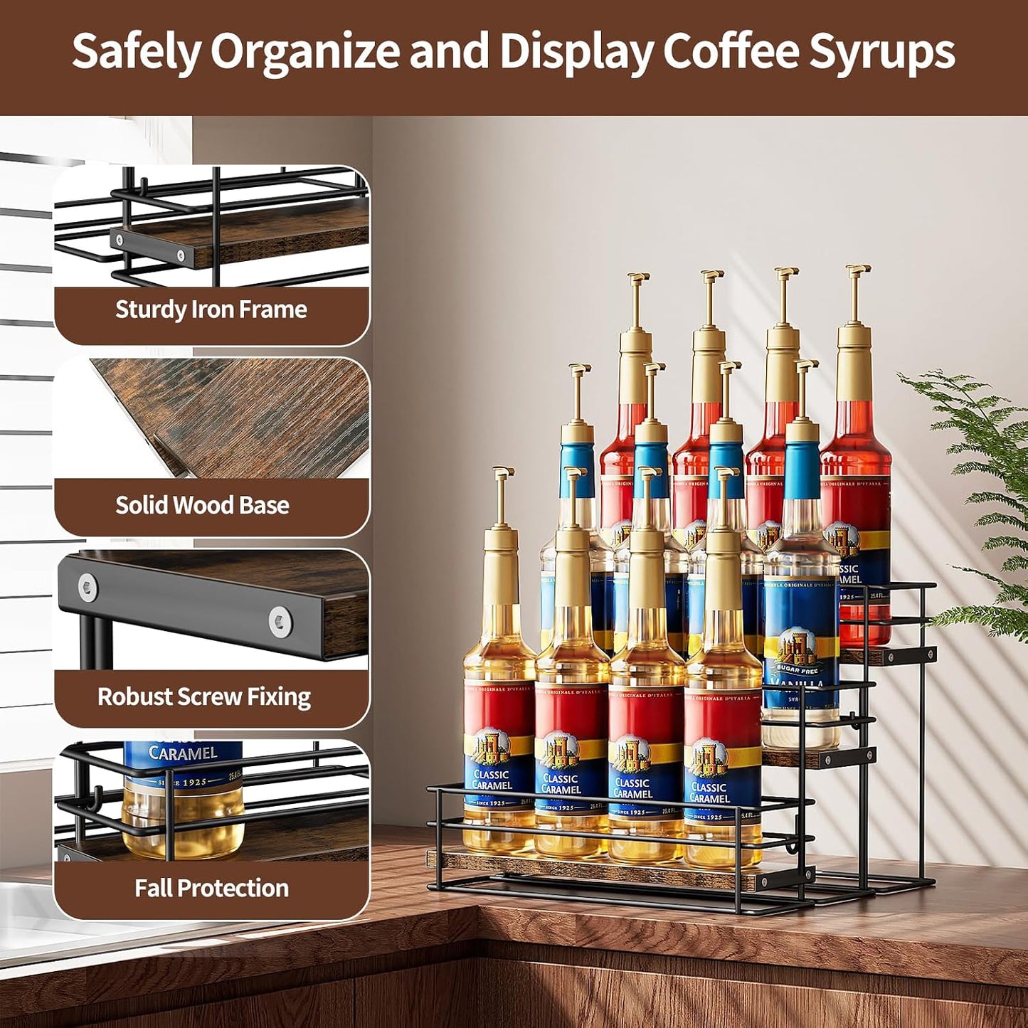 Nuovoware Coffee Syrup Organizer, 2-Tier 10 Bottles Bar Organizer, Separable Metal Rack with Wooden Base Whiskey Wine Dressing for Countertop Kitchen Coffee Bar, Black