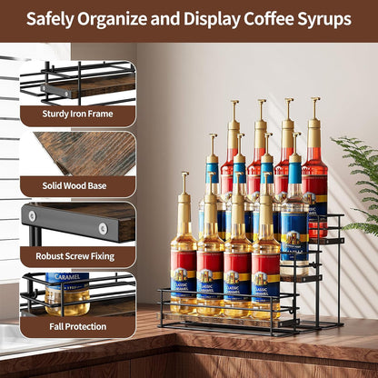 Nuovoware Coffee Syrup Organizer, 2-Tier 10 Bottles Bar Organizer, Separable Metal Rack with Wooden Base Whiskey Wine Dressing for Countertop Kitchen Coffee Bar, Black