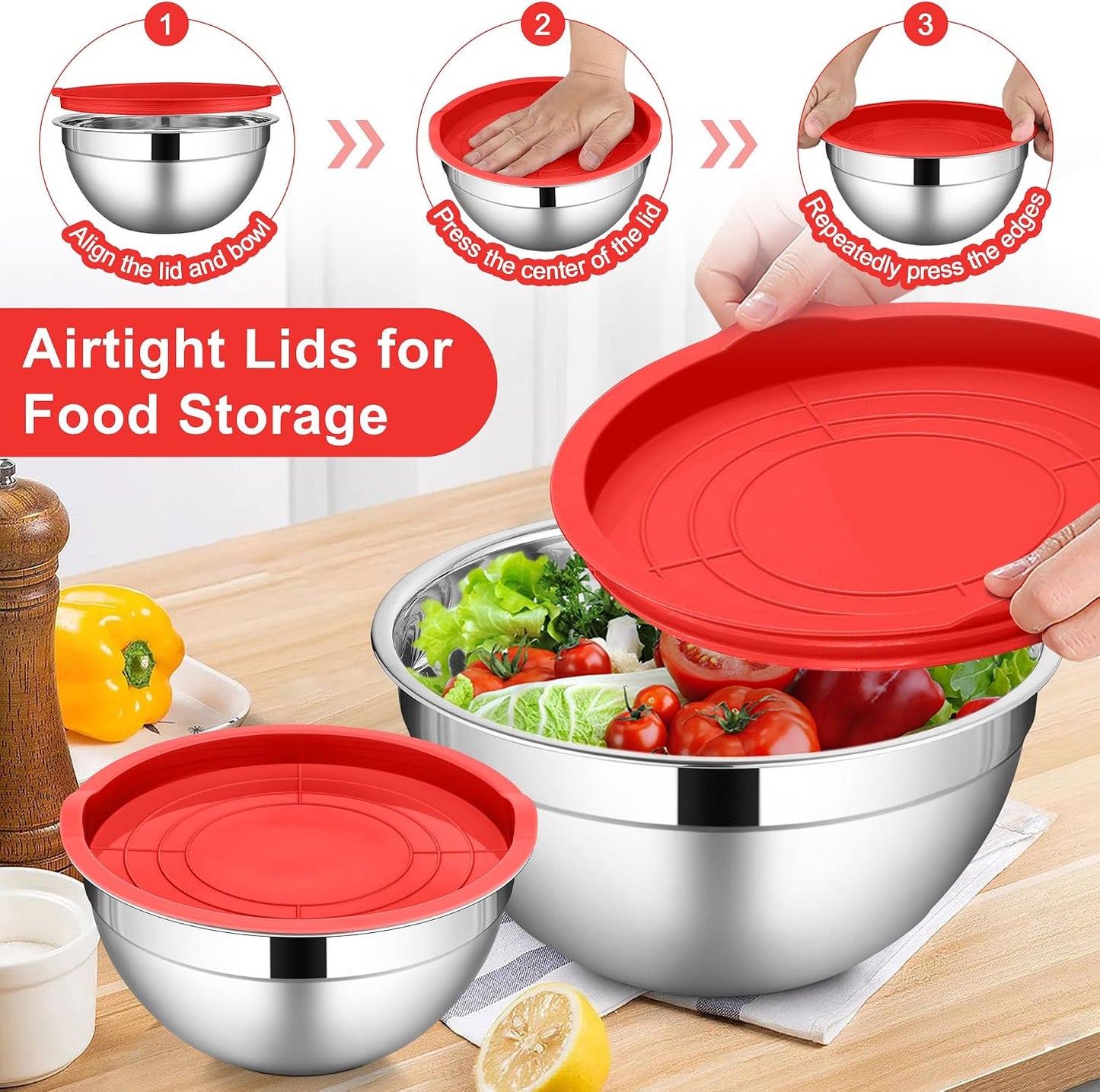 LIANYU Stainless Steel Mixing Bowls Sets of 6, Large 7, 3.5, 2.5, 2, 1.5, 1QT Size with Transparent Airtight Lids, Metal Nesting Serving Bowl Sets for Home Kitchen, Dishwasher & Freezer Safe, Black