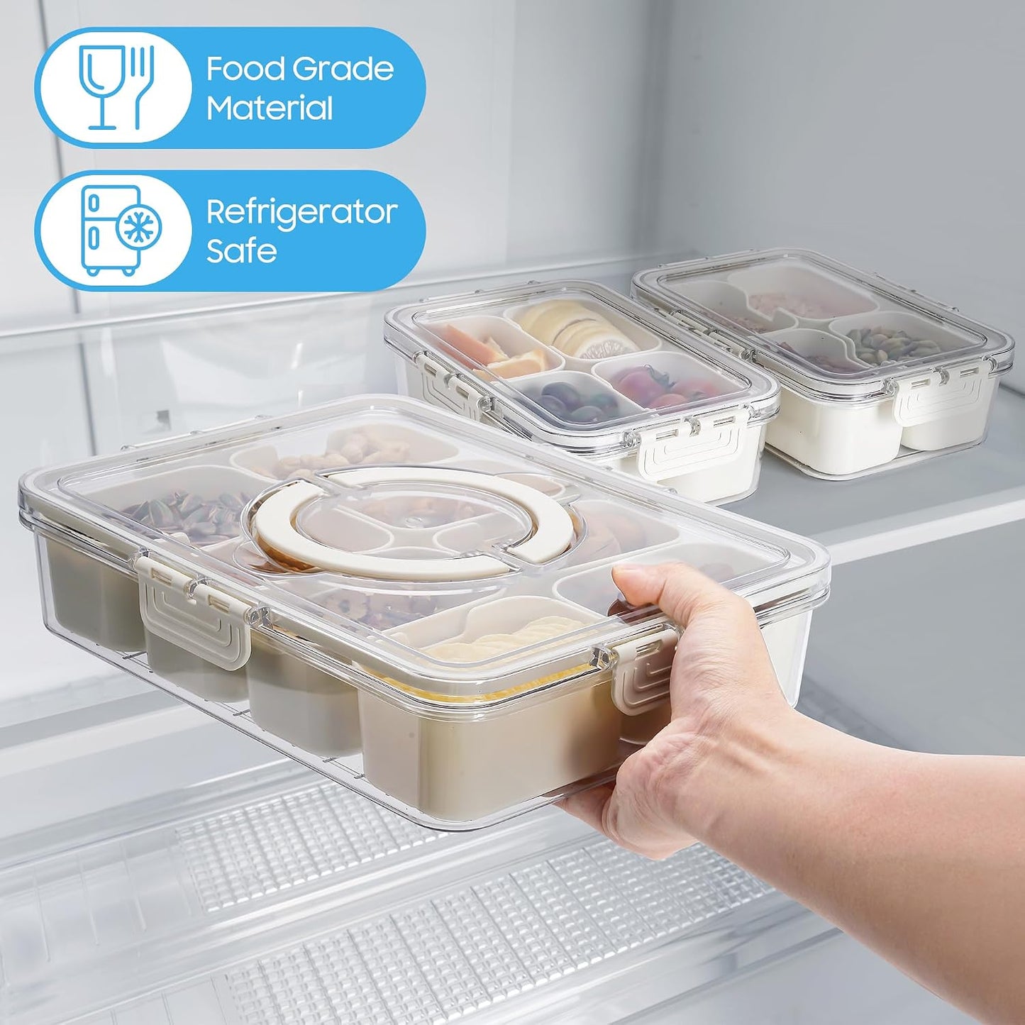 Divided Serving Tray with Lid and Handle - Snacklebox 3 Pcs Charcuterie Container for Portable Snack Platters & Storage Organizer for Fruits, Nuts, Candy, Snacks - Perfect for Travel and Entertaining