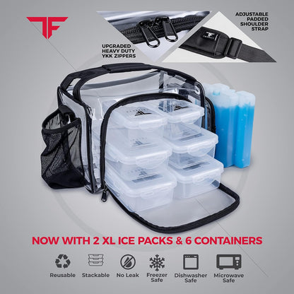 ThinkFit Insulated Meal Prep Lunch Box with 6 BPA-Free, Reusable, Microwavable, Freezer Safe Food Portion-Control Containers, Shaker Cup, Pill Organizer, Lunch Bag with Storage Pocket - (Black)