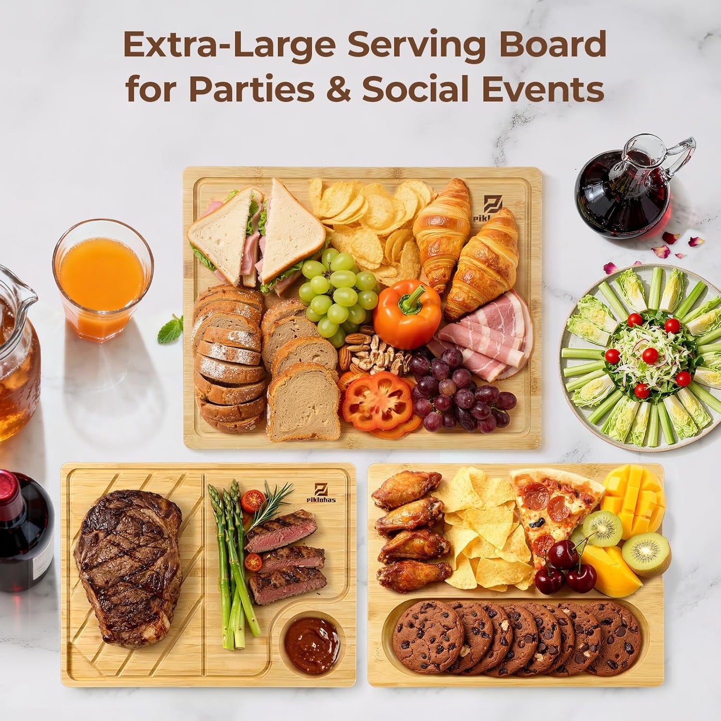 Cutting Boards Large Set of 7, Acacia Wood Charcuterie Chopping Board for Kitchen with Holder Non Slip Feet, Plastic Serving Board Mats, Juice Groove, Reversible Butcher Block for Meat Cheese Bread