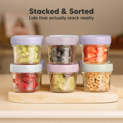 KeaBabies 12pk 4oz Glass Baby Food Containers with Lids - Leak-Proof, Microwavable Small Glass Jars, Baby Purees & Toddler Snack Storage Containers, BPA-Free, Dishwasher & Freezer Safe (Musk Dusk)