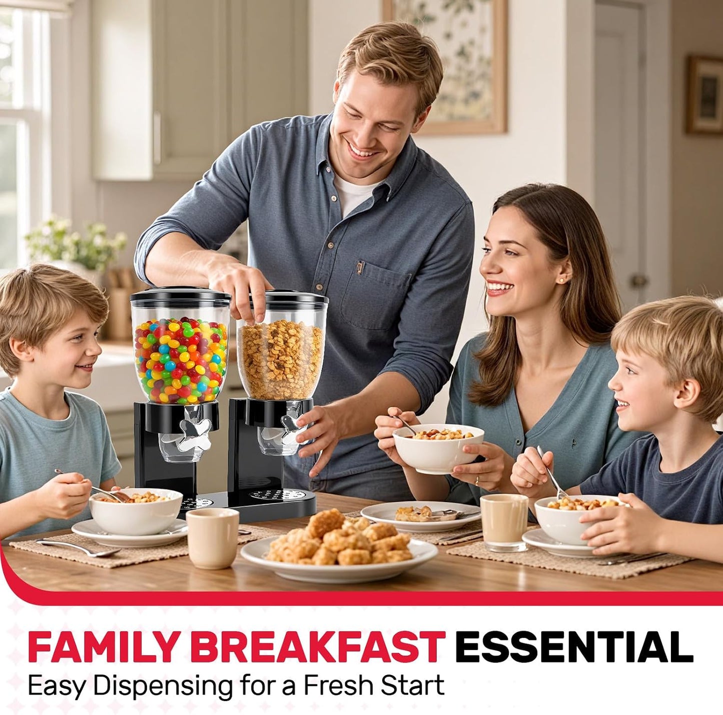 Triple Cereal Dispenser Countertop 2L, Airtight Cereal Containers Storage, Large Capacity Total 6L for Kitchen Pantry, Rotating Dry Food Dispenser for Candy, Nut, Coffee Beans, White