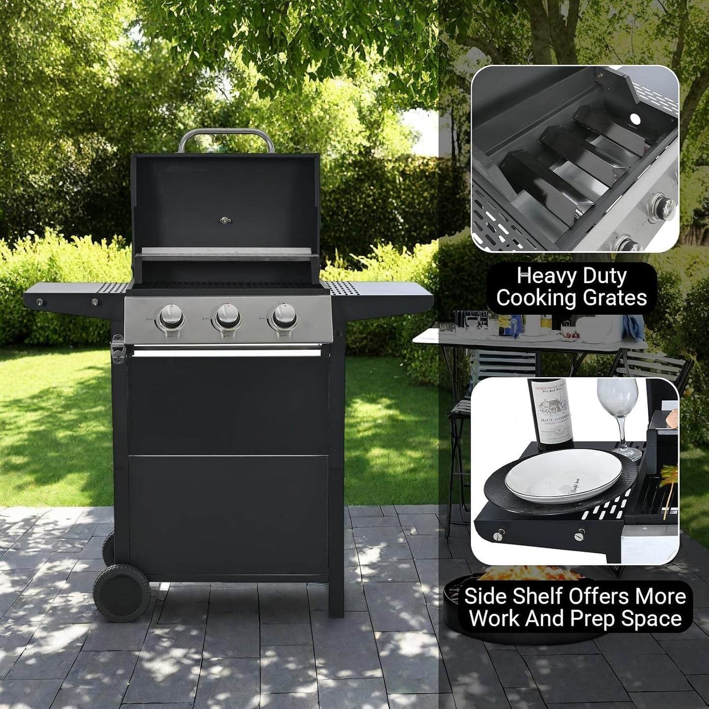 Endark 3-Burner Propane Gas Grill | 26,000 BTU Stainless Steel with Enamel Wire Cooking Grates & Built-In Thermometer | Side Rack Wheels | Great for Patio, Garden, and Outdoor Cooking