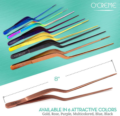 O'Creme 8 Inch Black Stainless Steel Precision Kitchen Culinary Offset Tweezer Tongs