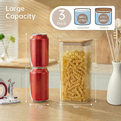 Extra Large Square Glass Flour & Sugar Storage Containers with Airtight Lids, 168 floz - 2 Pack Glass Jars with Bamboo Lids for Pantry, Air tight Food Storage Containers for Cereal, Pasta, Rice
