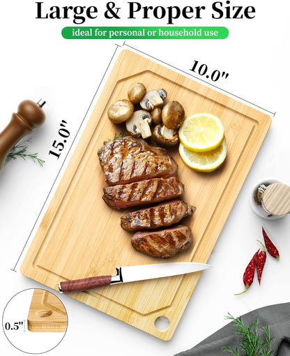 Kitsure Bamboo Cutting Board Set - Multi-Sizes Wooden Cutting Boards for Kitchen, Convenient Kitchen Essentials with Deep Juice Grooves, Cutting Board for Chopping & Serving, 2 Pack, Natural