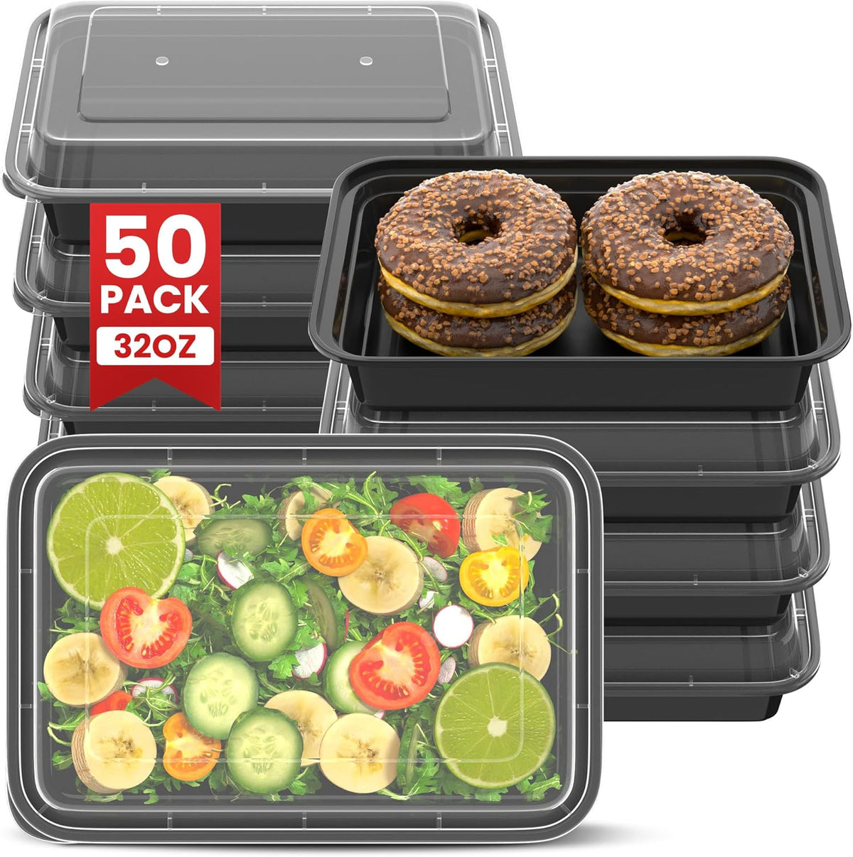 38oz Meal Prep Containers [50-Pack], Reusable Bento Box with Easy-Snap Leakproof Lids - Microwave, Dishwasher & Freezer Safe Food Storage, BPA-Free Plastic Lunch Containers (Black)