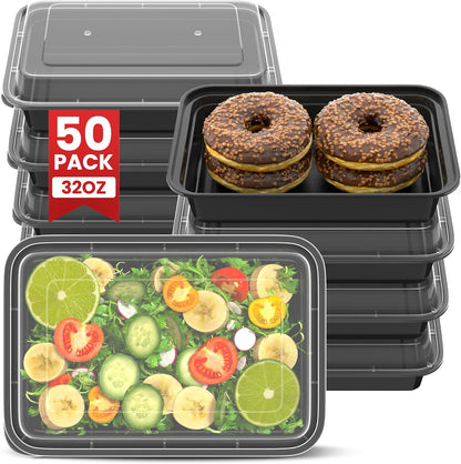 38oz Meal Prep Containers [50-Pack], Reusable Bento Box with Easy-Snap Leakproof Lids - Microwave, Dishwasher & Freezer Safe Food Storage, BPA-Free Plastic Lunch Containers (Black)