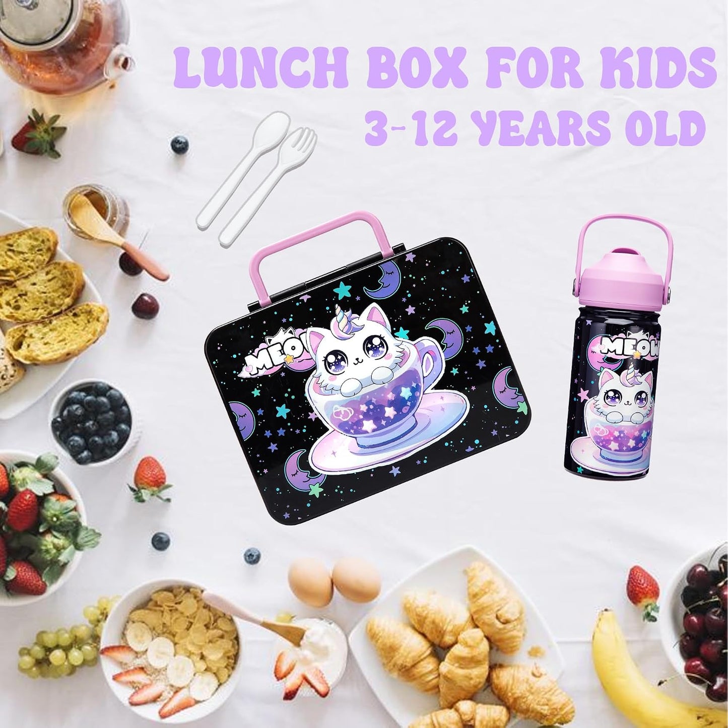Kids Bento Lunch Box with 6 Compartments Girls Lunch Box with Lunch Bag,Stainless Steel Water Bottle,Ice Pack & Utensils Set,Birthday Gifts for Ages 3-12 Back to School Toddler Girls