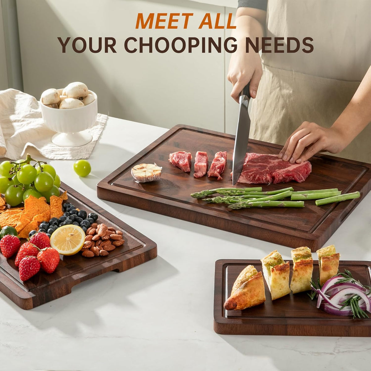THETCHRY Teak Wood Cutting Board Set of 3 Wooden Cutting Boards for Kitchen | Premium Teak Wood • FSC Certified • Deep Juice Groove • Built-In Handles • Non-Slip Feet • 3 Practical Sizes • Gift-Ready Box