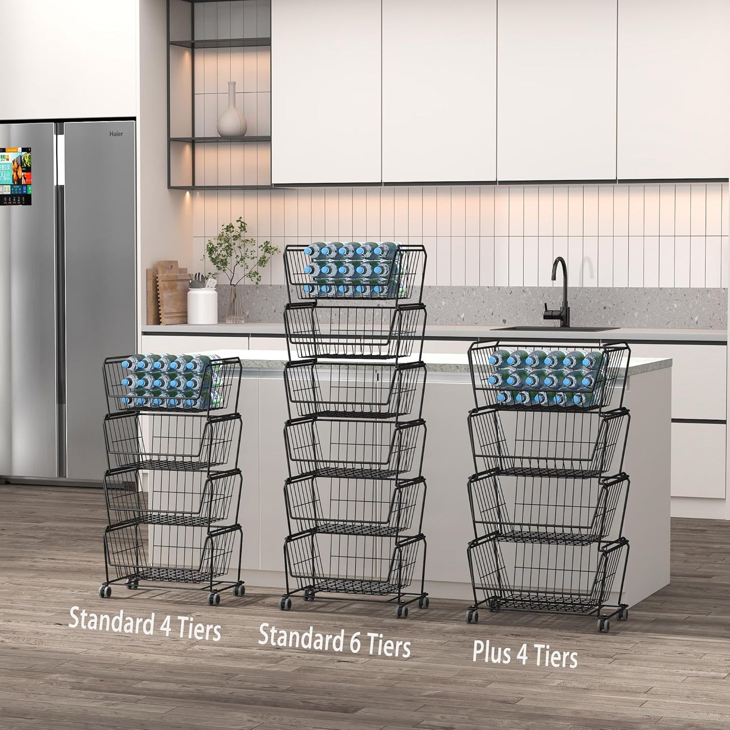 PUSDON 4-Tier Spacious Stackable Wire Storage Baskets with Wheels, Metal Rolling Utility Cart Organizer, Fruit and Vegetable Produce Basket for Kitchen Pantry, Everyday Bathroom Shelf, Silver Grey