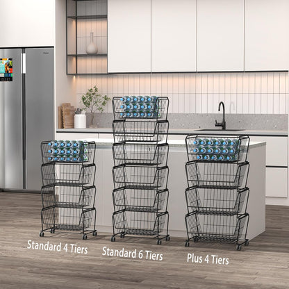 PUSDON 4-Tier Spacious Stackable Wire Storage Baskets with Wheels, Metal Rolling Utility Cart Organizer, Fruit and Vegetable Produce Basket for Kitchen Pantry, Everyday Bathroom Shelf, Silver Grey